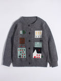 Kids Cashmere Cardigan Village Scene Knit Long Sleeve Cashmere Sweater
