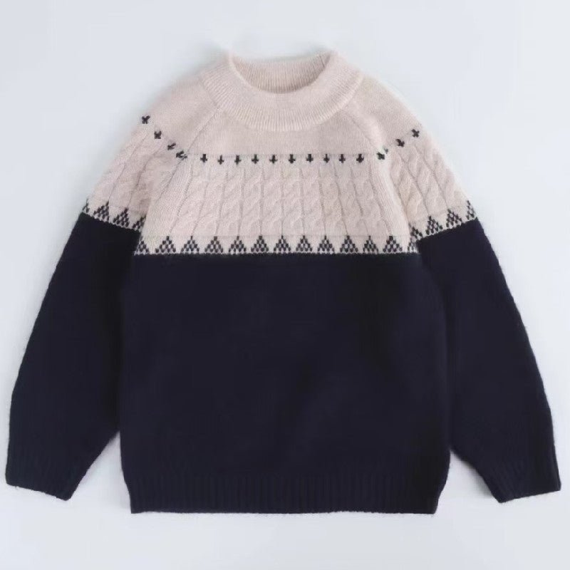 Kids Crew Neck Pure Cashmere Sweater Nordic Knit Yoke Cashmere Pullover