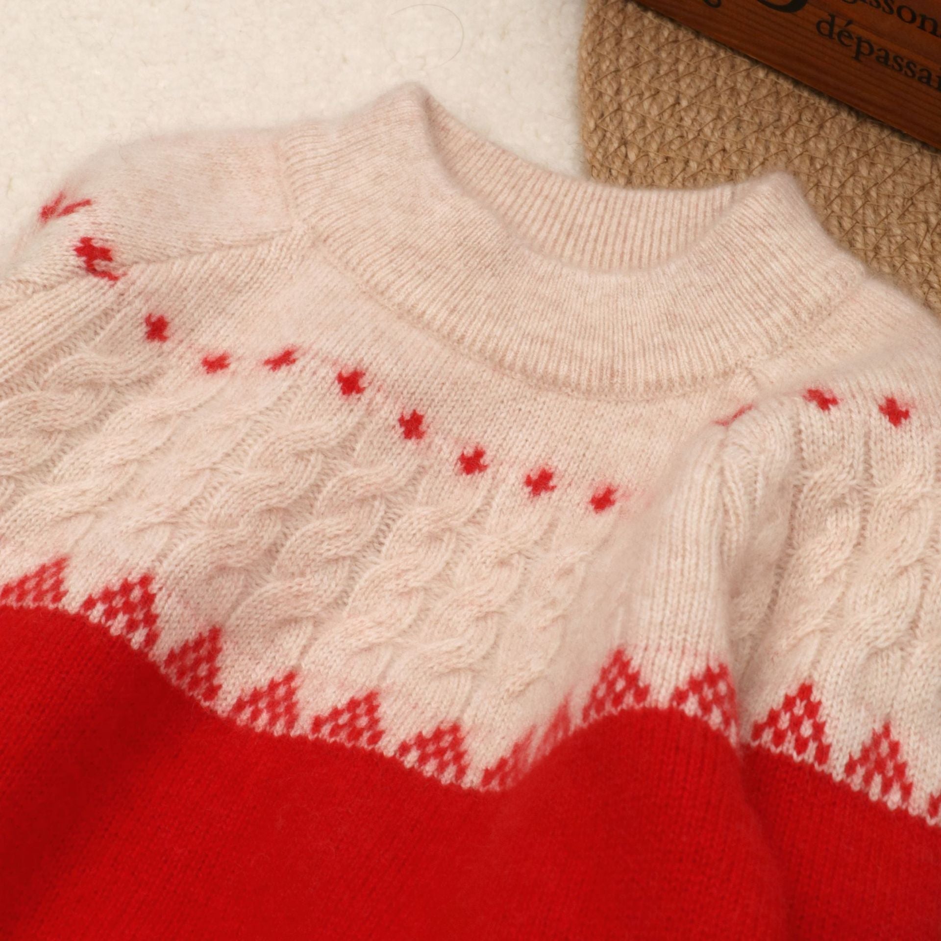 Kids Crew Neck Pure Cashmere Sweater Nordic Knit Yoke Cashmere Pullover