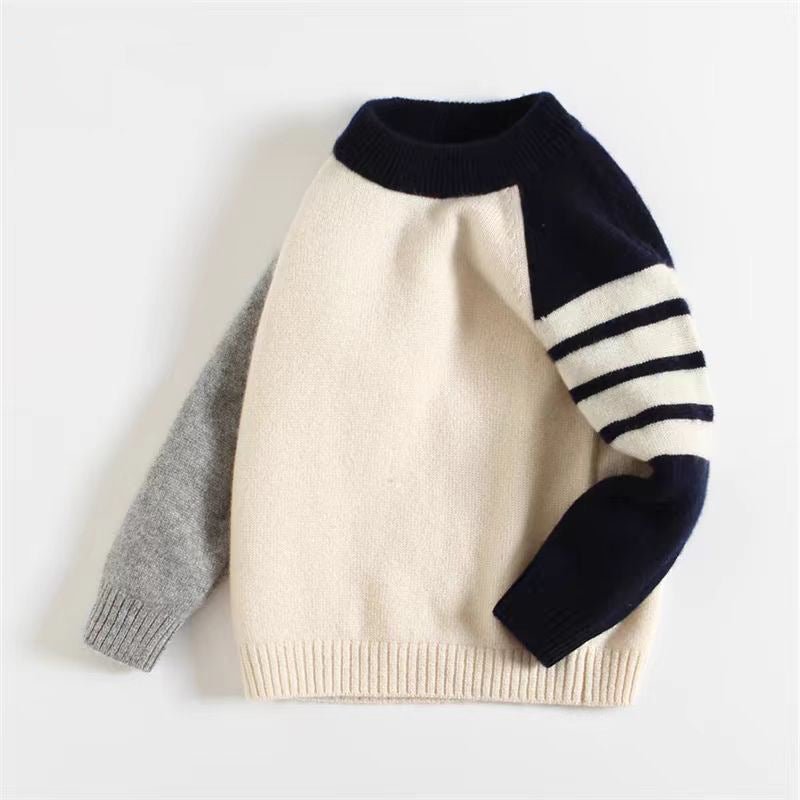 Kids Pure Cashmere Sweater Striped Sleeve Crew Neck Cashmere Top