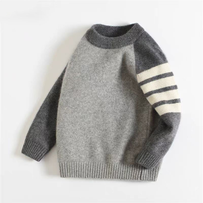 Kids Pure Cashmere Sweater Striped Sleeve Crew Neck Cashmere Top
