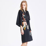 Ladies' 100% Mulberry Short Silk Kimono Robe with Belt Black Handpainted for Women All Sizes -  slipintosoft