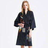 Ladies' 100% Mulberry Short Silk Kimono Robe with Belt Black Handpainted for Women All Sizes -  slipintosoft