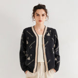 Lady Jacquard Knit Cashmere Cardigan Cat Pattern V Neck Cashmere Coat
