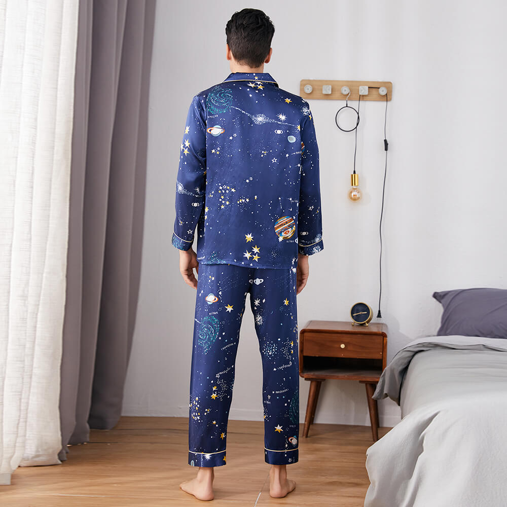 Long Silk Pajama Set for Men Luxury Print Comfortable Silk Nightwear - slipintosoft