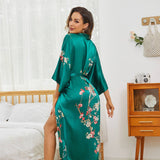 Long Silk Kimono for Women Cherry Blossom Printing Ladies Luxury Mulberry Silk Robe - slipintosoft