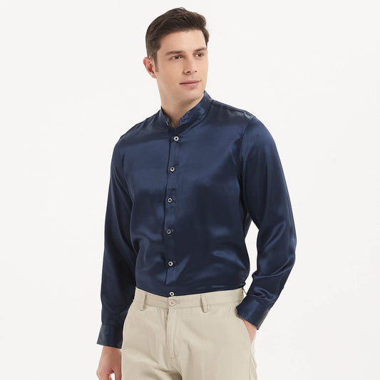 Chemise en soie de luxe pour hommes, hauts en soie sans col à manches longues