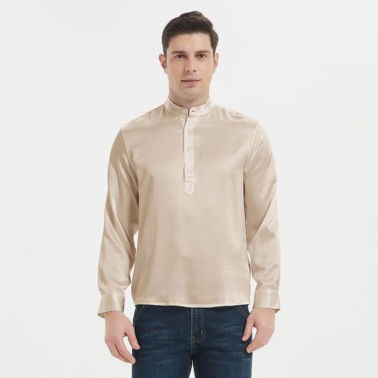 Chemises Henley en soie de luxe pour hommes, haut à col montant en soie Pure