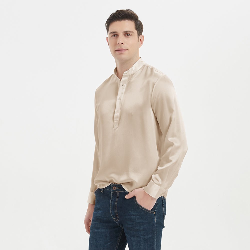 Chemises Henley en soie de luxe en soie pour hommes Pure Silk Stand Collar