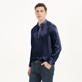 22 Momme Luxury Silk Pullover Shirt For Men 100%  Pure Silk Long Sleeves Four Buttons Stand Collar Top -  slipintosoft