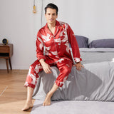 Print long Silk Pajamas Set For Men Classic ButtonDown Silk Sleepwear - slipintosoft