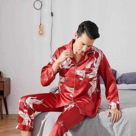 Print long Silk Pajamas Set For Men Classic ButtonDown Silk Sleepwear - slipintosoft