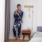 Print long Silk Pajamas Set For Men Classic ButtonDown Silk Sleepwear - slipintosoft