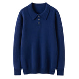 Mens Cashmere Sweater Polo Neck Cashmere Knit Pullover with Button Placket Navy XS
