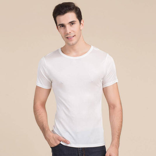 T-shirt classique en soie à col rond pour hommes, haut tricoté en soie