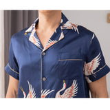 Men‘s Silk Pajama Set Button Down Short Sleeve Print Silk Sleepwear with Long Pants - slipintosoft