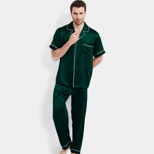 Pajamas de soie de luxe pour hommes réglée à manches courtes pantalons de nuit à manches courtes