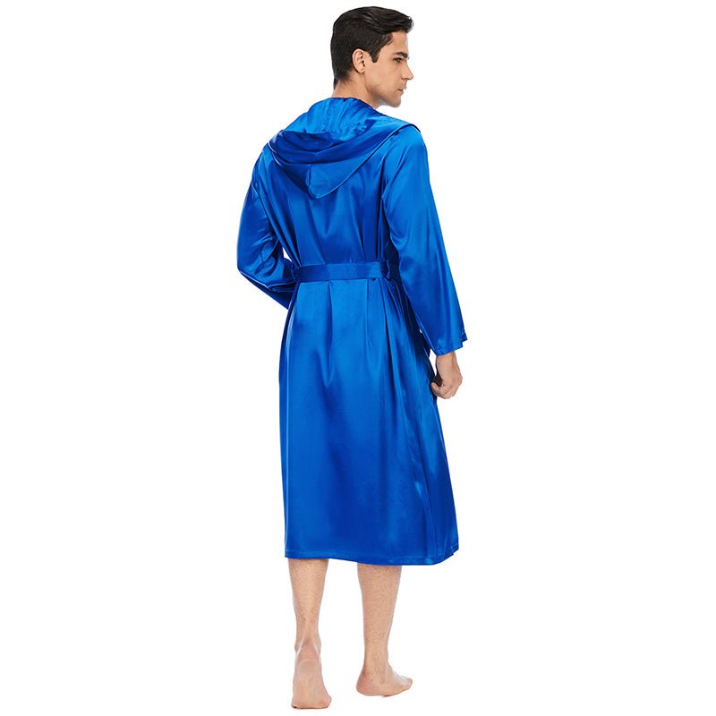 Men's Royal Blue Hooded Long Silk Robe 100% Pure Mulberry Silk - slipintosoft