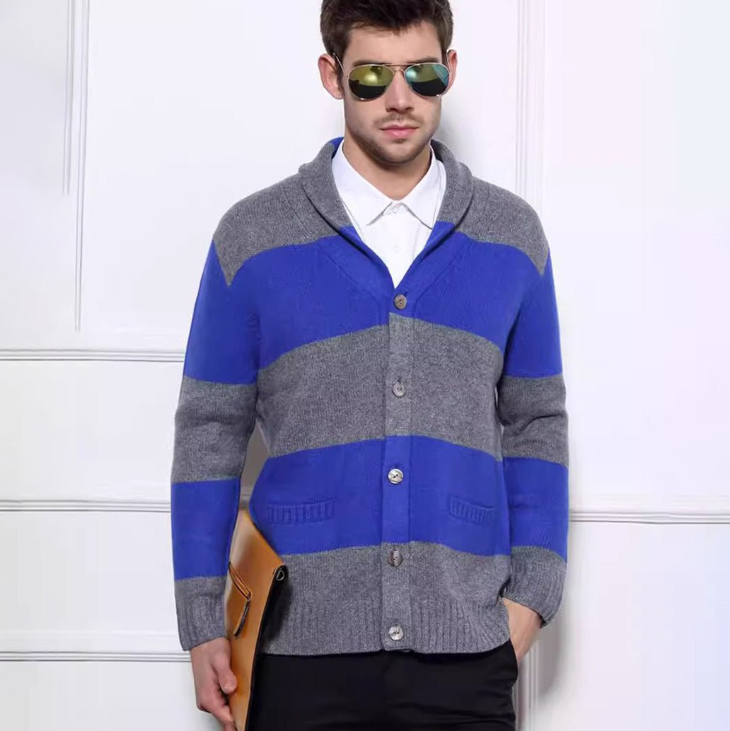 Mens Stripe Cashmere Cardigan Button Front Long Sleeve Cardigan Sweater with Pockets - slipintosoft