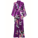 Mulberry Silk Kimono for Women Hand Painted Peacock & Flowers Nightwear - slipintosoft