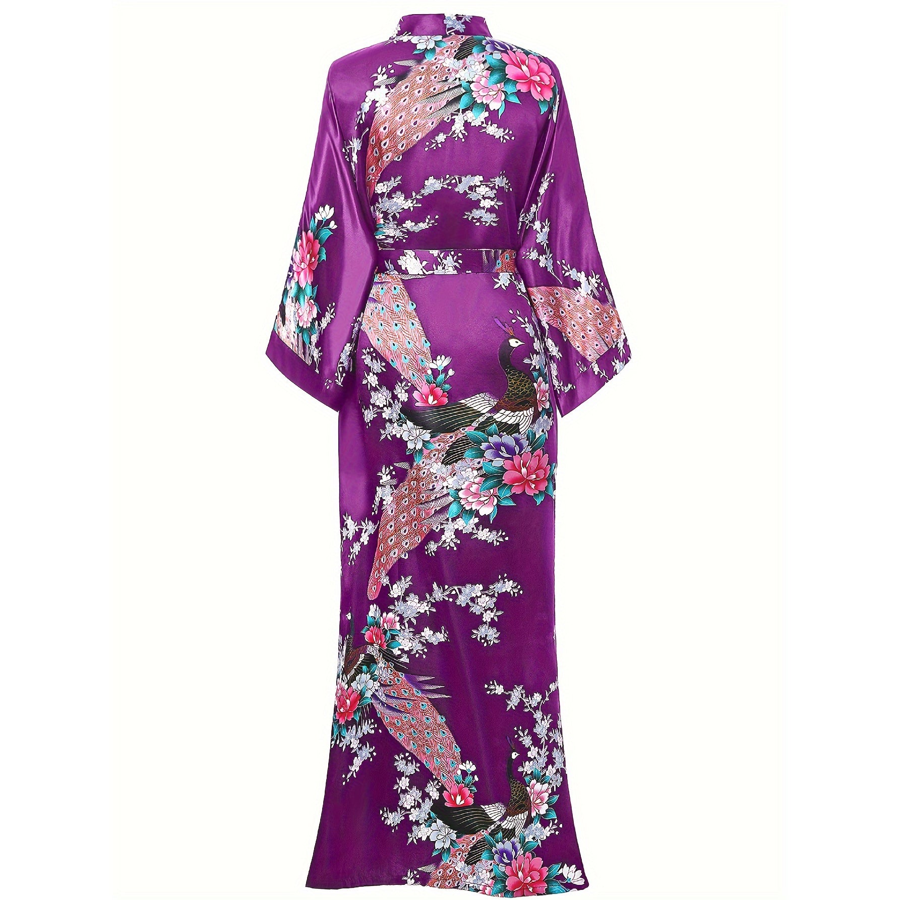 Mulberry Silk Kimono for Women Hand Painted Peacock & Flowers Nightwear - slipintosoft