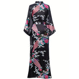 Mulberry Silk Kimono for Women Hand Painted Peacock & Flowers Nightwear - slipintosoft