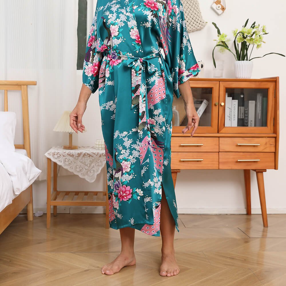 Peacock & Flowers Silk Kimono for Women Hand Painted silk Kimono - slipintosoft