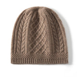 Pure Cashmere Beanie with Ribbing Edge Solid Cashmere Chunky Diamond Knit Hat Cashmere Hats