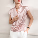 Womens Short Sleeves Wrap Silk Blouse Tops - slipintosoft