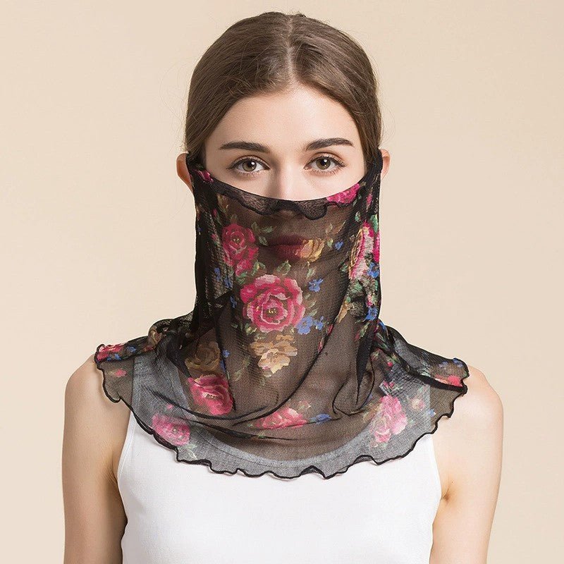 Silk Floral Printed Neck Gaiter Silk Face Masks Knitted Mesh Scarf for Women - slipintosoft