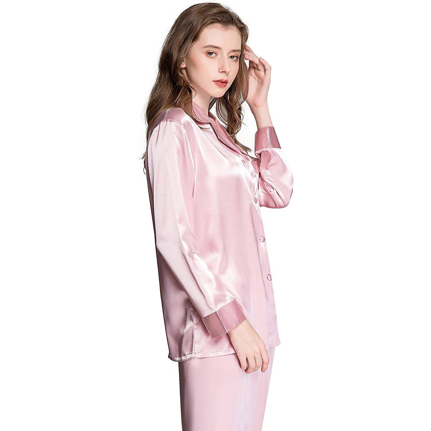 Womens Silk Pajama set Long Sleeve Button Down Silk Sleepwear Full Length Pajamas - slipintosoft