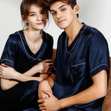 Ensemble pyjama en soie pour couple, pyjama assorti, col en V, pure soie