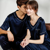 Ensemble pyjama en soie pour couple, pyjama assorti, col en V, pure soie