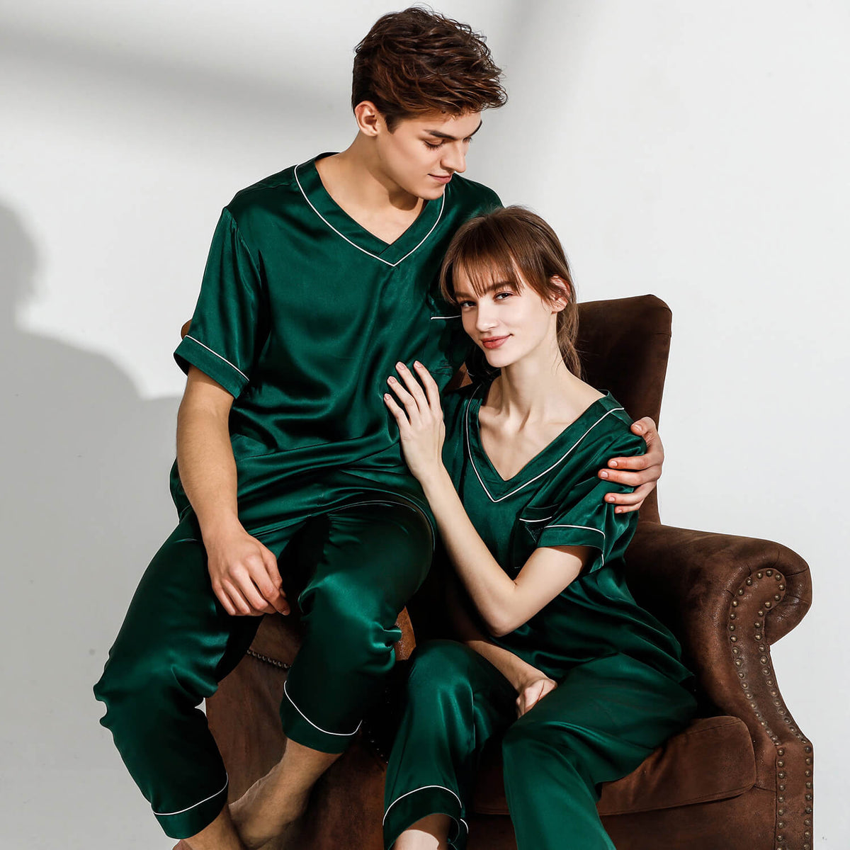 Ensemble pyjama en soie pour couple, pyjama assorti, col en V, pure soie