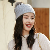 Solid Cashmere Chunky Knitted Hat with Fur Pom Womens Soft Cashmere Beanie for Winter Cashmere Hats