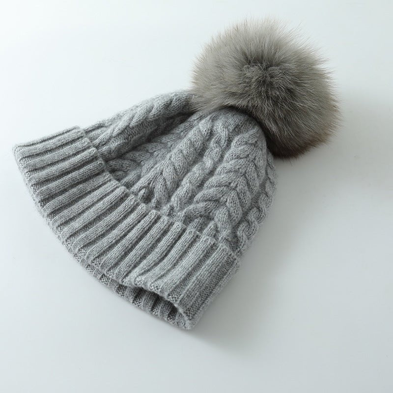 Solid Cashmere Chunky Knitted Hat with Fur Pom Womens Soft Cashmere Beanie for Winter Cashmere Hats