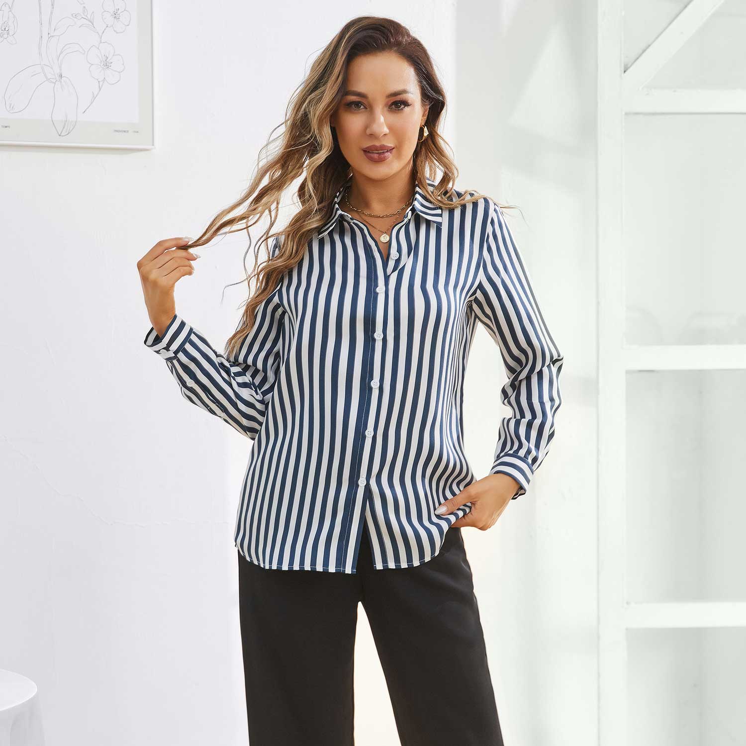 Stripe Silk Blouse for Women 100% Pure Silk Long Sleeves Silk Tops - slipintosoft