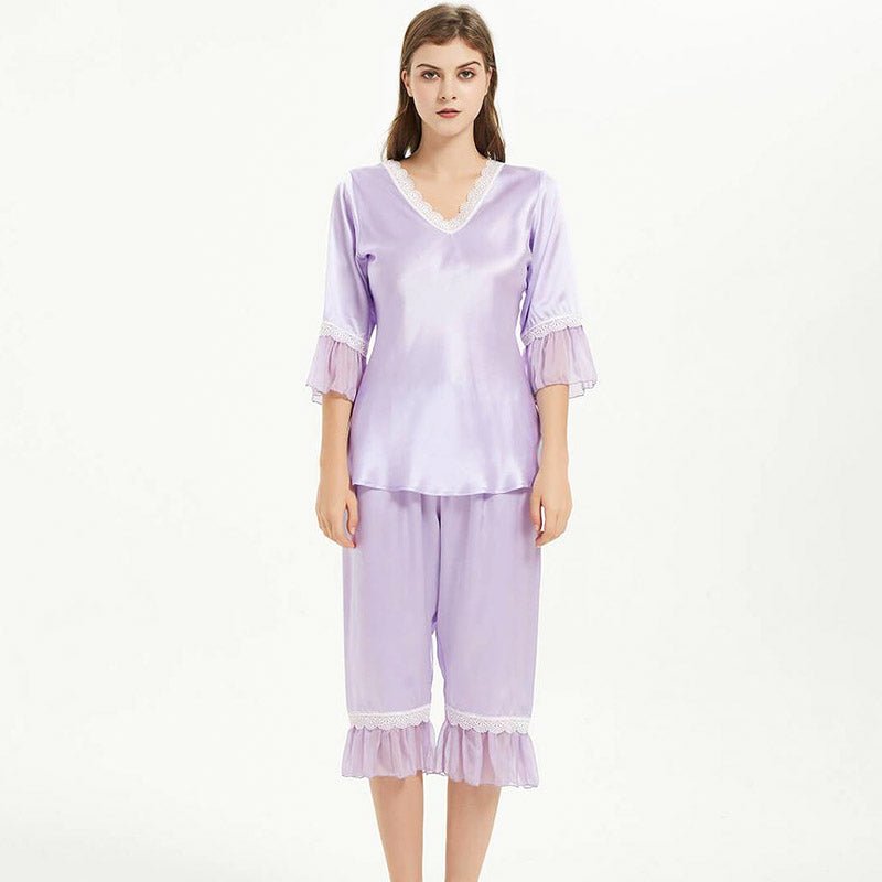 Summer Lavender Silk Pajama Set With Chiffon Ruffles - slipintosoft