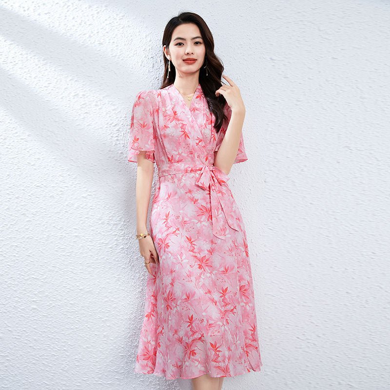 V Neck Silk Midi Dress with Waist Tie Floral Silk Wrap Dress for Women Pink XS