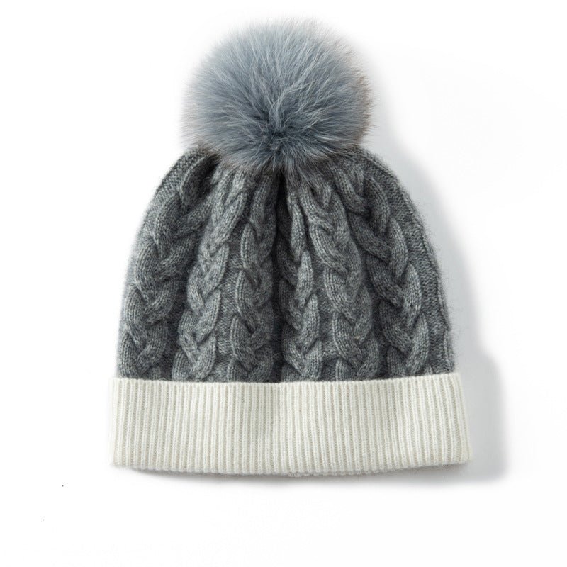 Warm Pure Cashmere Hat for Women Mixed Colors Cashmere Beanie with Fur Pom Cashmere Hats