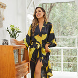 Long Sleeves 100% Pure Silk Kimono Robe Gold Ginkgo Leaf Nightwear for Ladies Women - slipintosoft