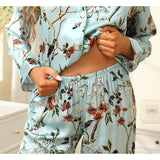 Women Flower Print Silk Pajamas Long Silk Pajama Set Blue XS