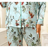 Women Flower Print Silk Pajamas Long Silk Pajama Set Blue XS