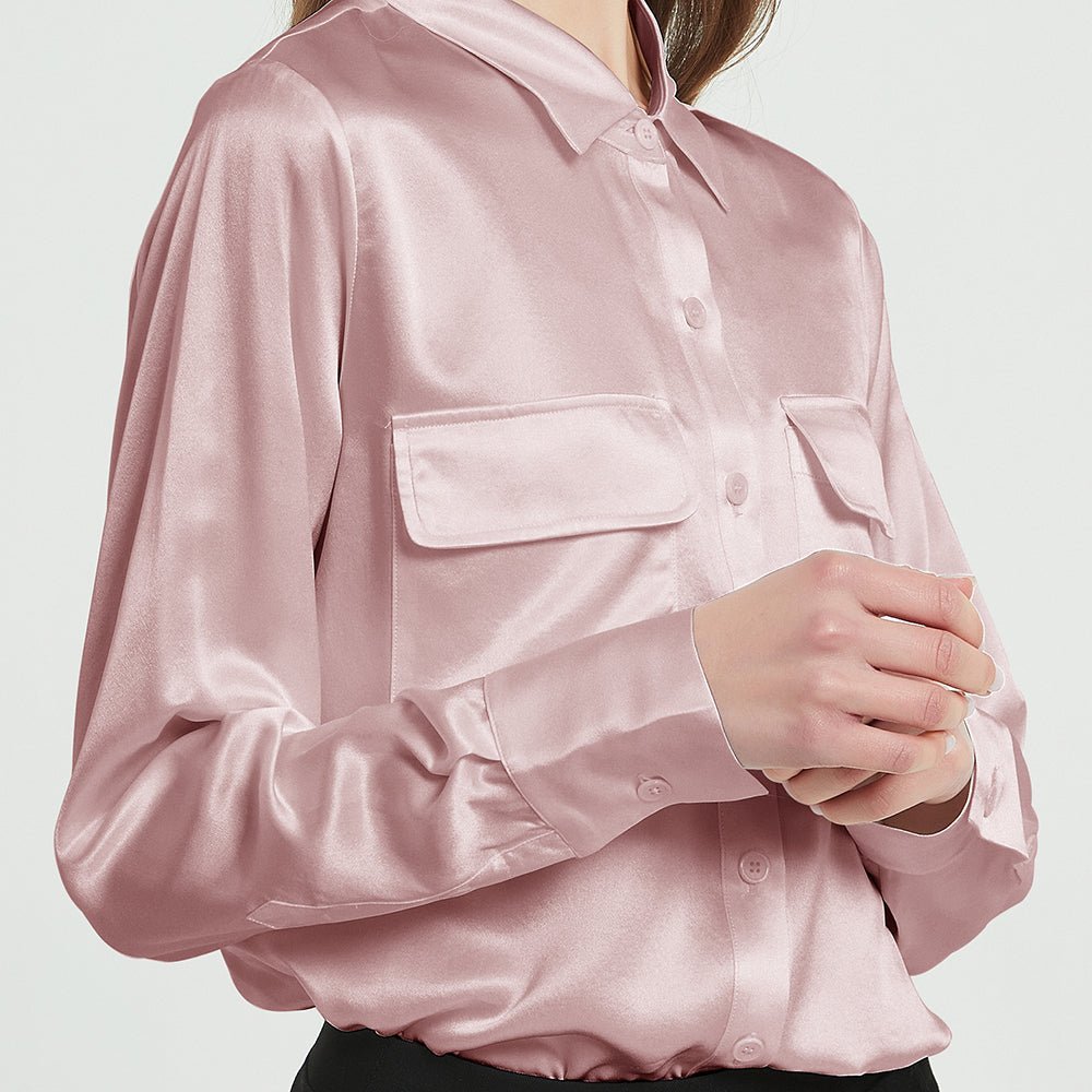 Women Silk Blouse 100% Pure Long Sleeve Silk Blouses with Flap Pockets - slipintosoft