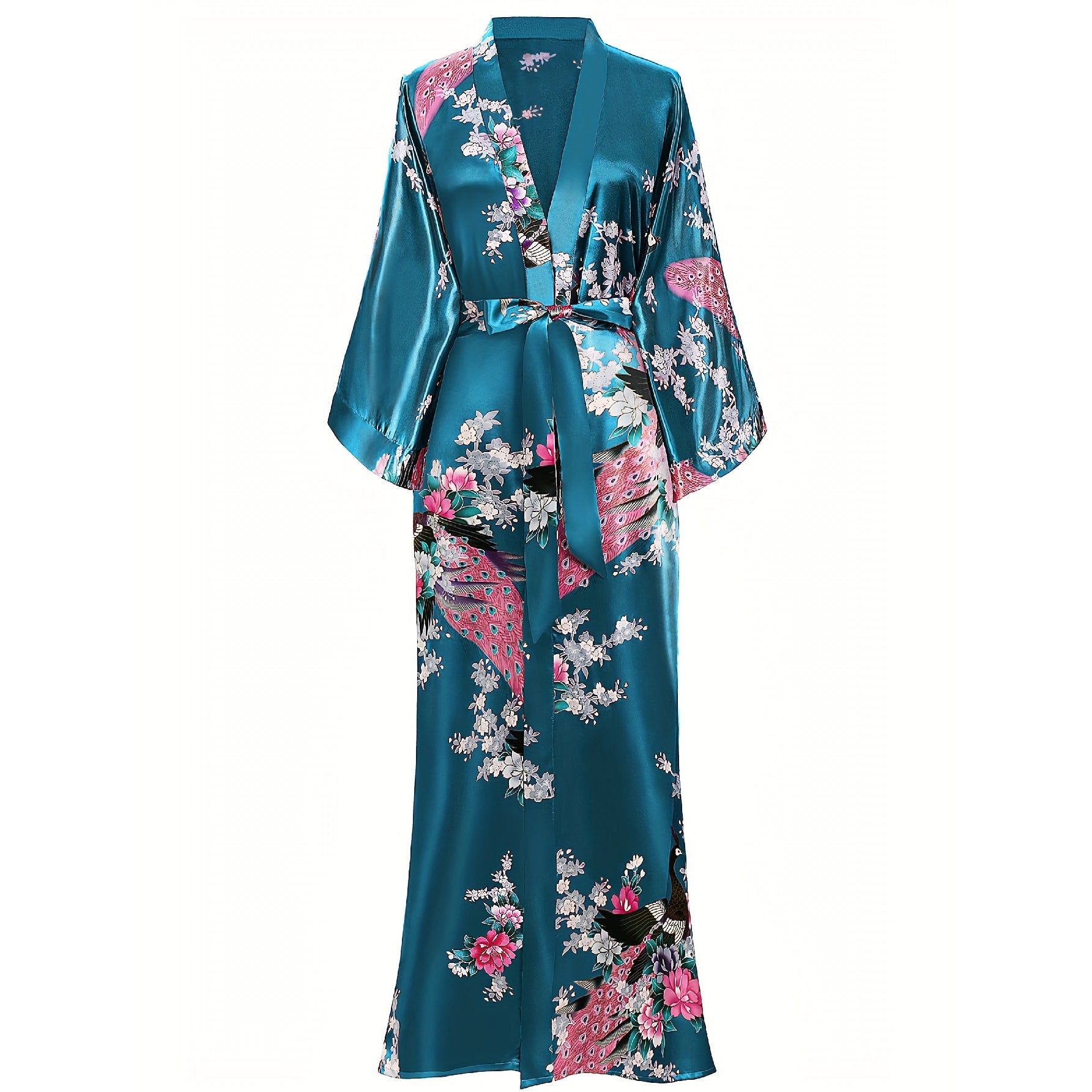 Women Peacock Print Silk Kimono Hand Painted Silk Kimono