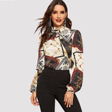 Printed Silk Blouse Stand Collar Long Sleeve Workwear Silk Top Shirts - slipintosoft