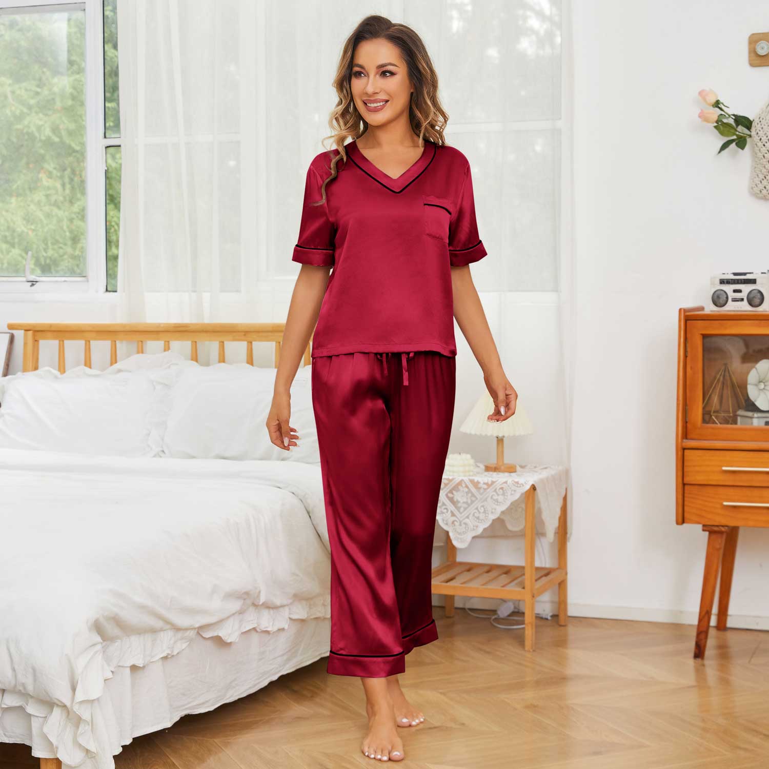 Short Sleeve Silk Pajama Sets 100% Mulberry V Neck Silk Sleepwear - slipintosoft