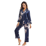 Femmes en pyjamas Silk Set Crane imprimées dames magnifiques vêtements de nuit en soie