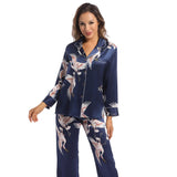 Femmes en pyjamas Silk Set Crane imprimées dames magnifiques vêtements de nuit en soie