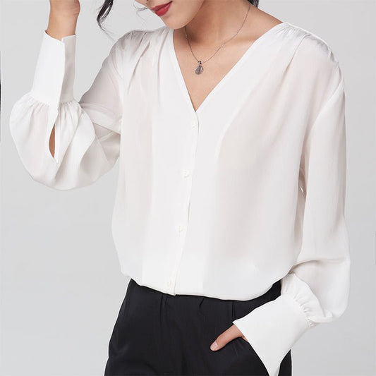 Femme Silk Shirt 100% Mulberry Long Manches V Couche de cou de travail en soie